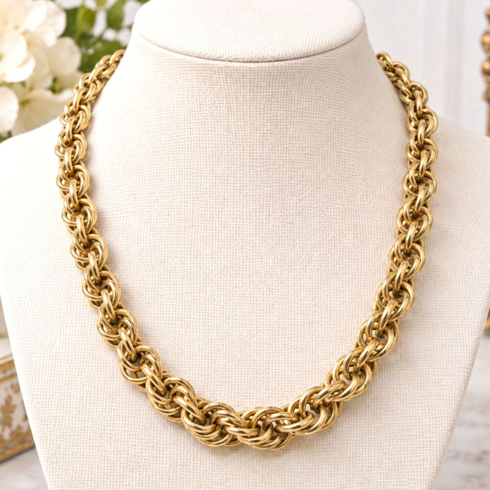 Vintage Gold Tone Rope Chain Necklace 23" Chunky Textured 8mm Spring Clasp